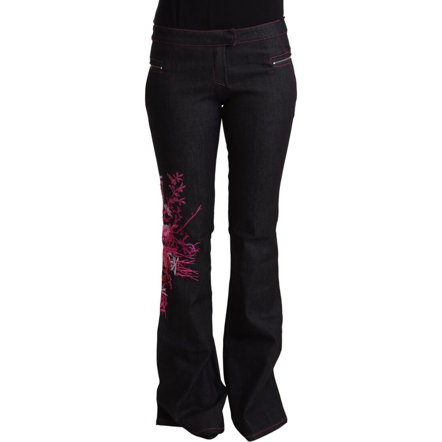 Exte Black Cotton Stretch Mid Waist Cotton Flared Denim Jeans