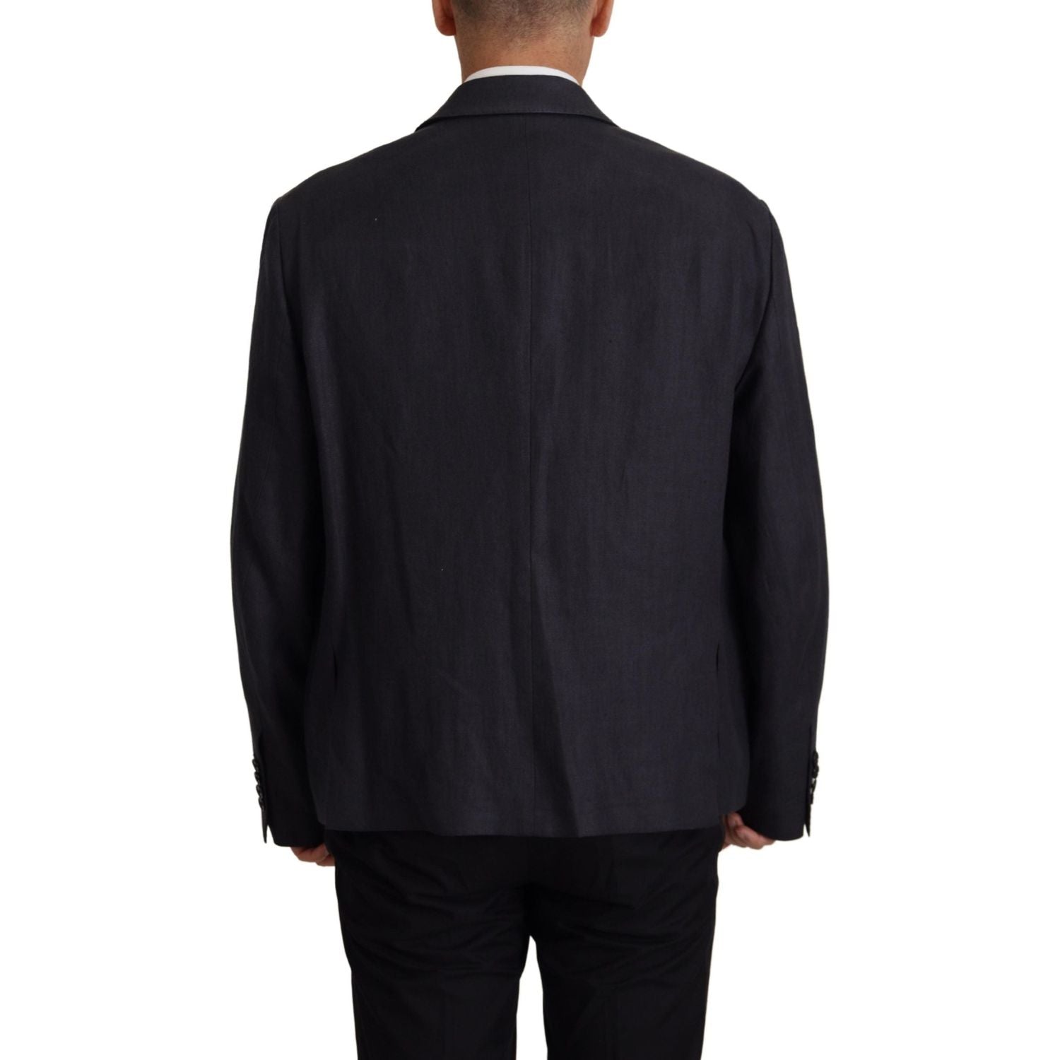 时尚双排扣海军蓝亚麻西装外套