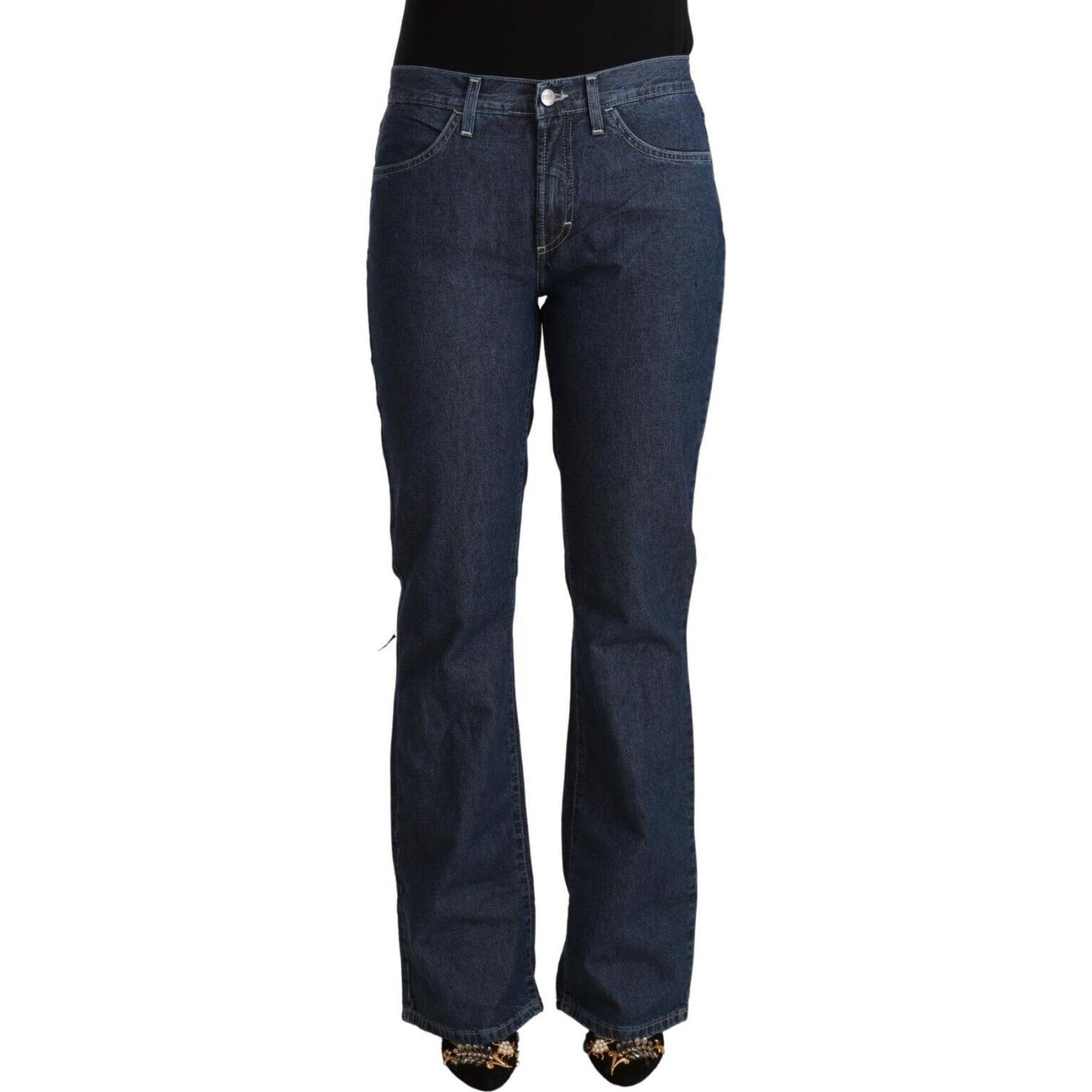 GF Ferre Blue Cotton Mid Waist Flared Denim Jeans