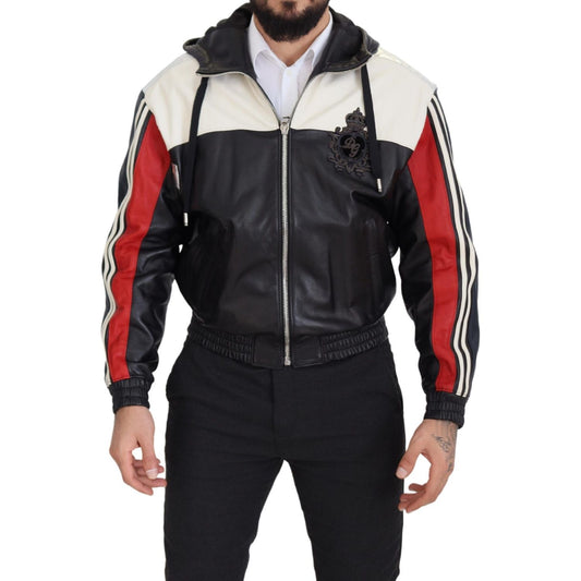 Dolce & Gabbana Black Leather Hooded Blouson Coat Jacket