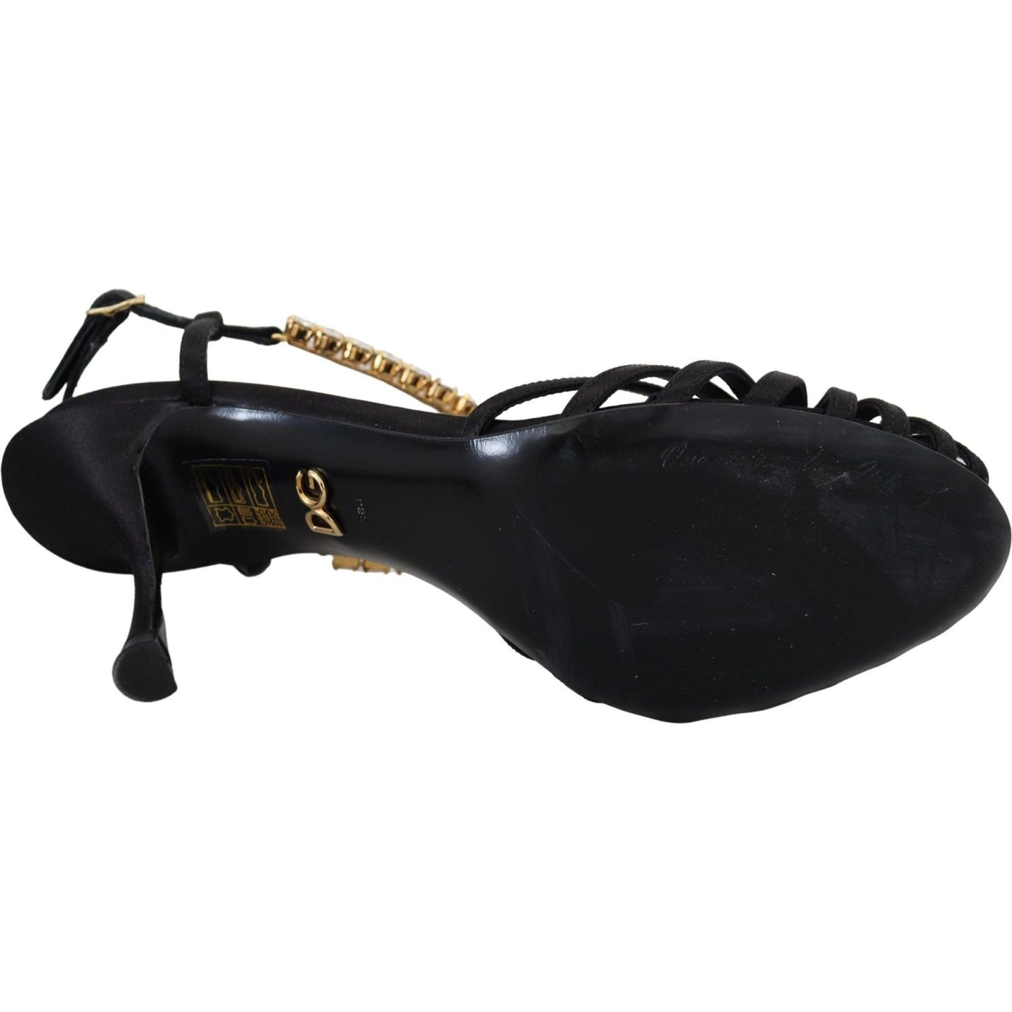 Dolce & Gabbana Black Satin Clear Crystal T-strap Sandal Shoes