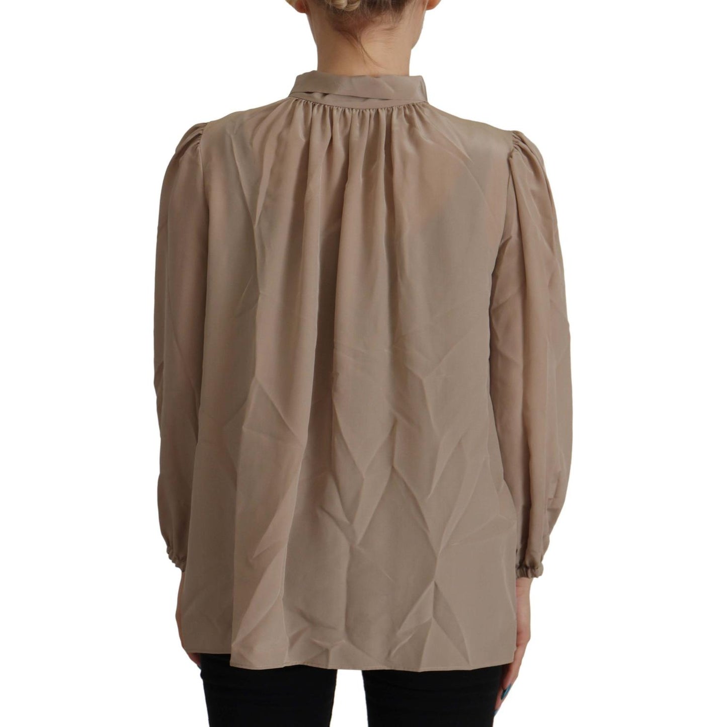 Dolce & Gabbana Brown Waistband Sleeves Ascot Collar Top Blouse