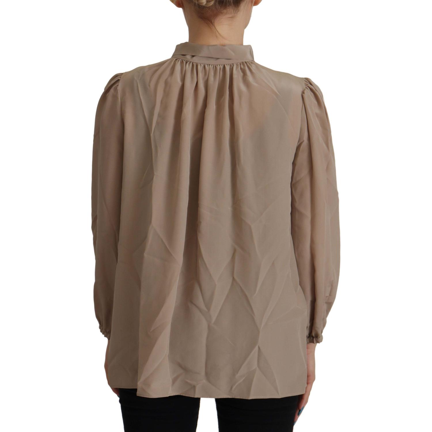 Dolce & Gabbana Brown Waistband Sleeves Ascot Collar Top Blouse