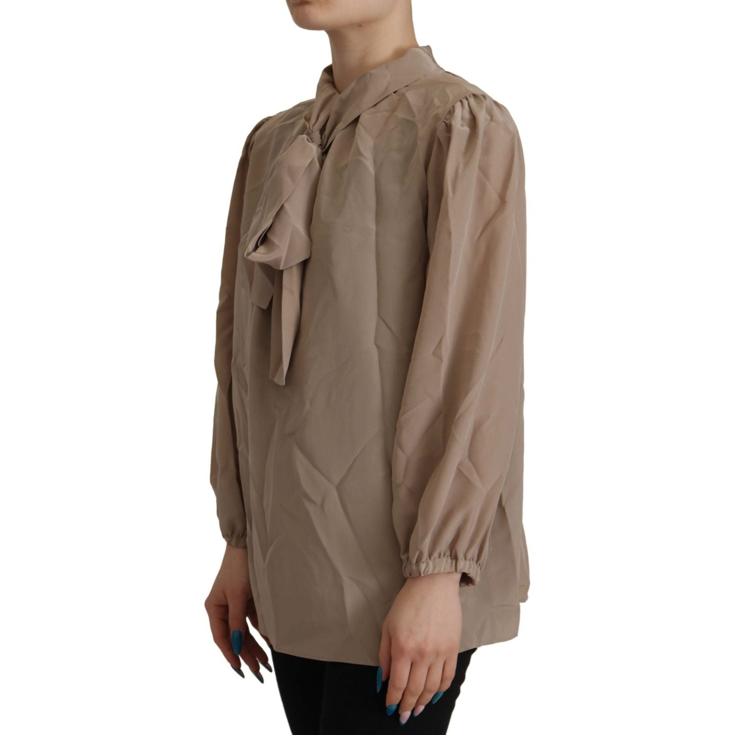 Dolce & Gabbana Brown Waistband Sleeves Ascot Collar Top Blouse