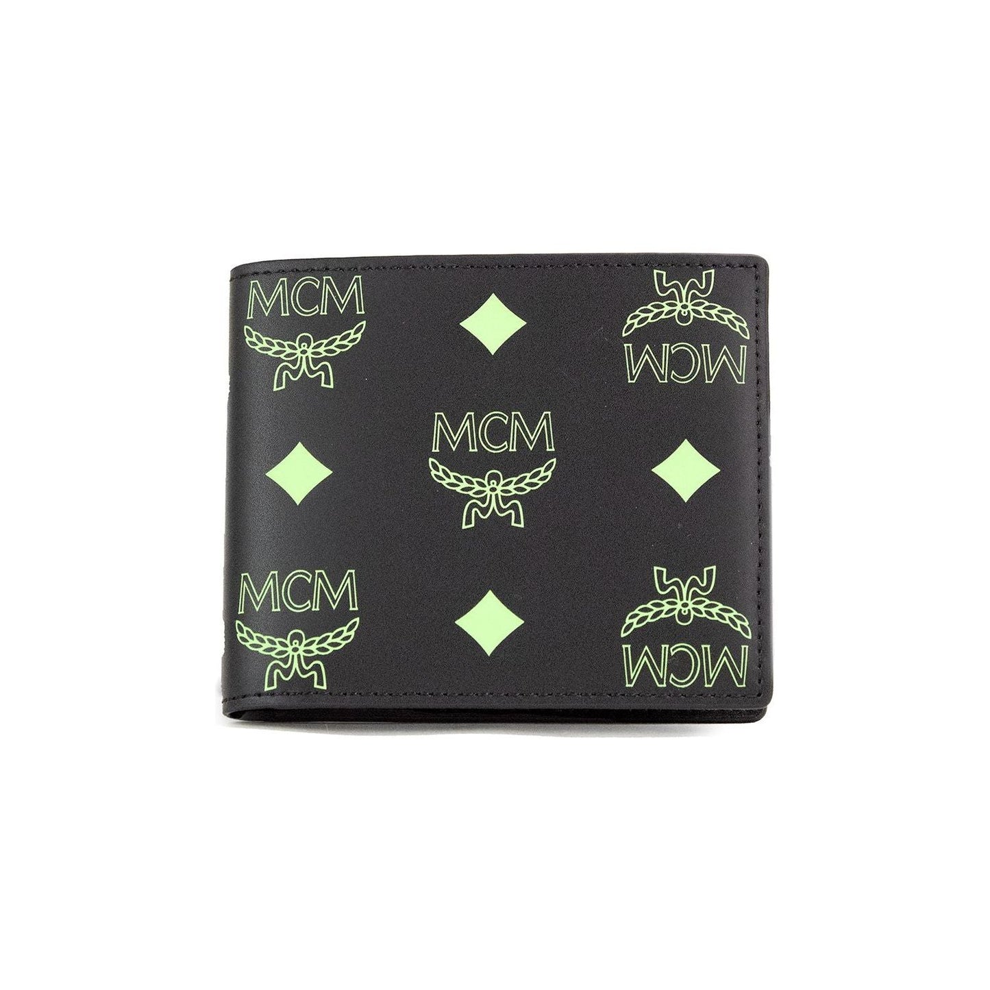 MCM Small Black Summer Green Smooth Visetos Monogram Logo Leather Bifold Wallet MCM