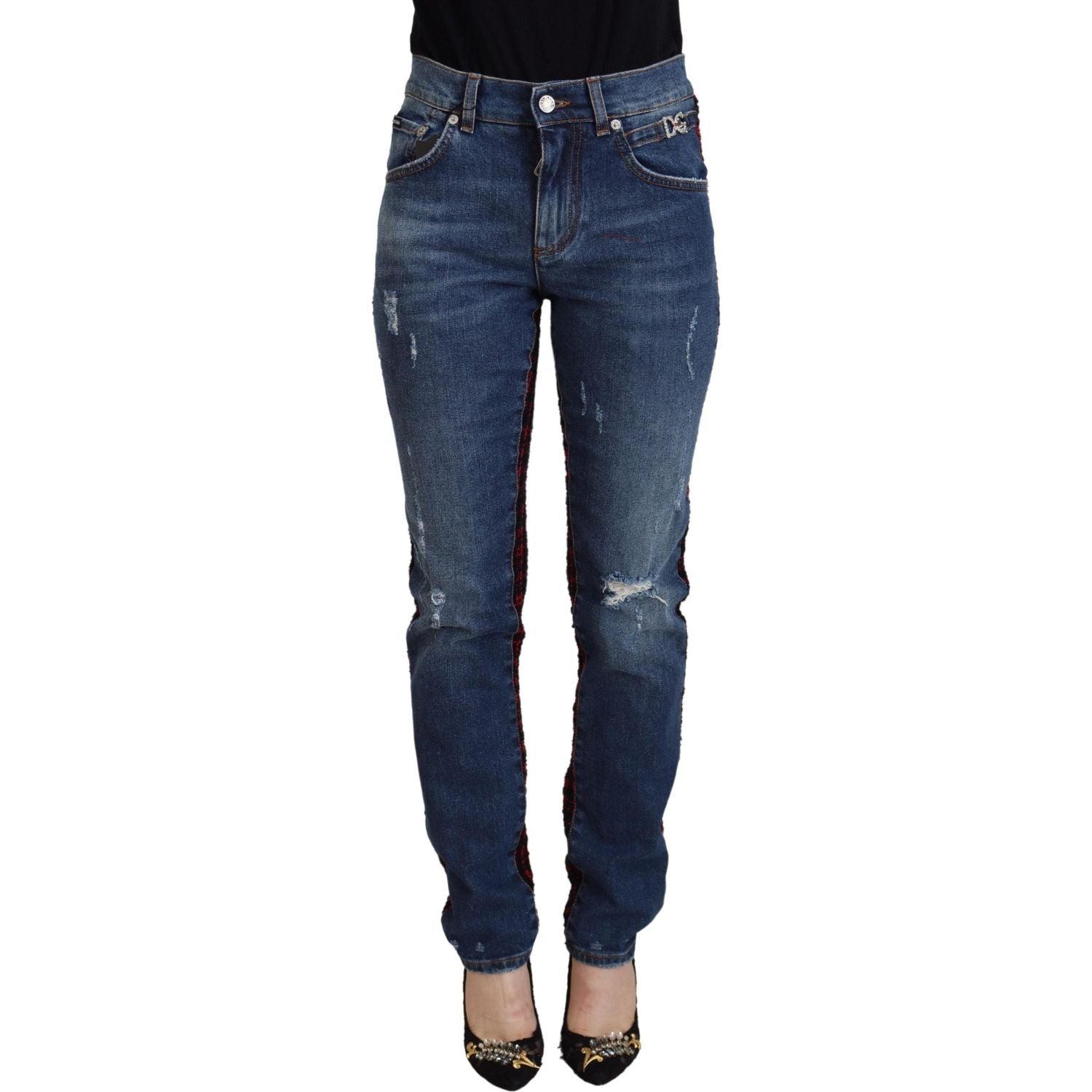 Dolce & Gabbana Blue Checkered Back Skinny Denim Jeans
