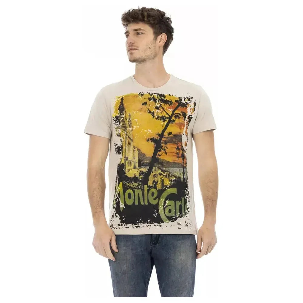 米色圆领 T 恤，正面有印花