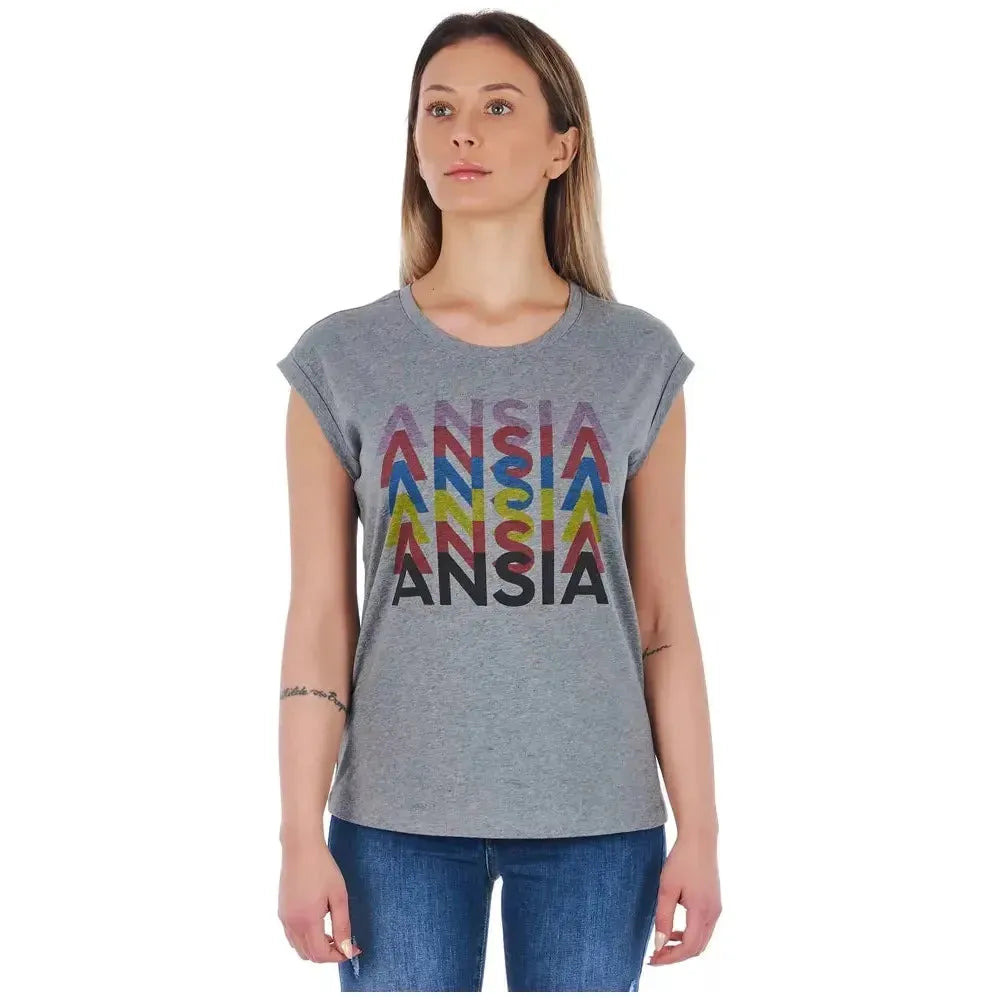 时尚灰色印花棉质 T 恤