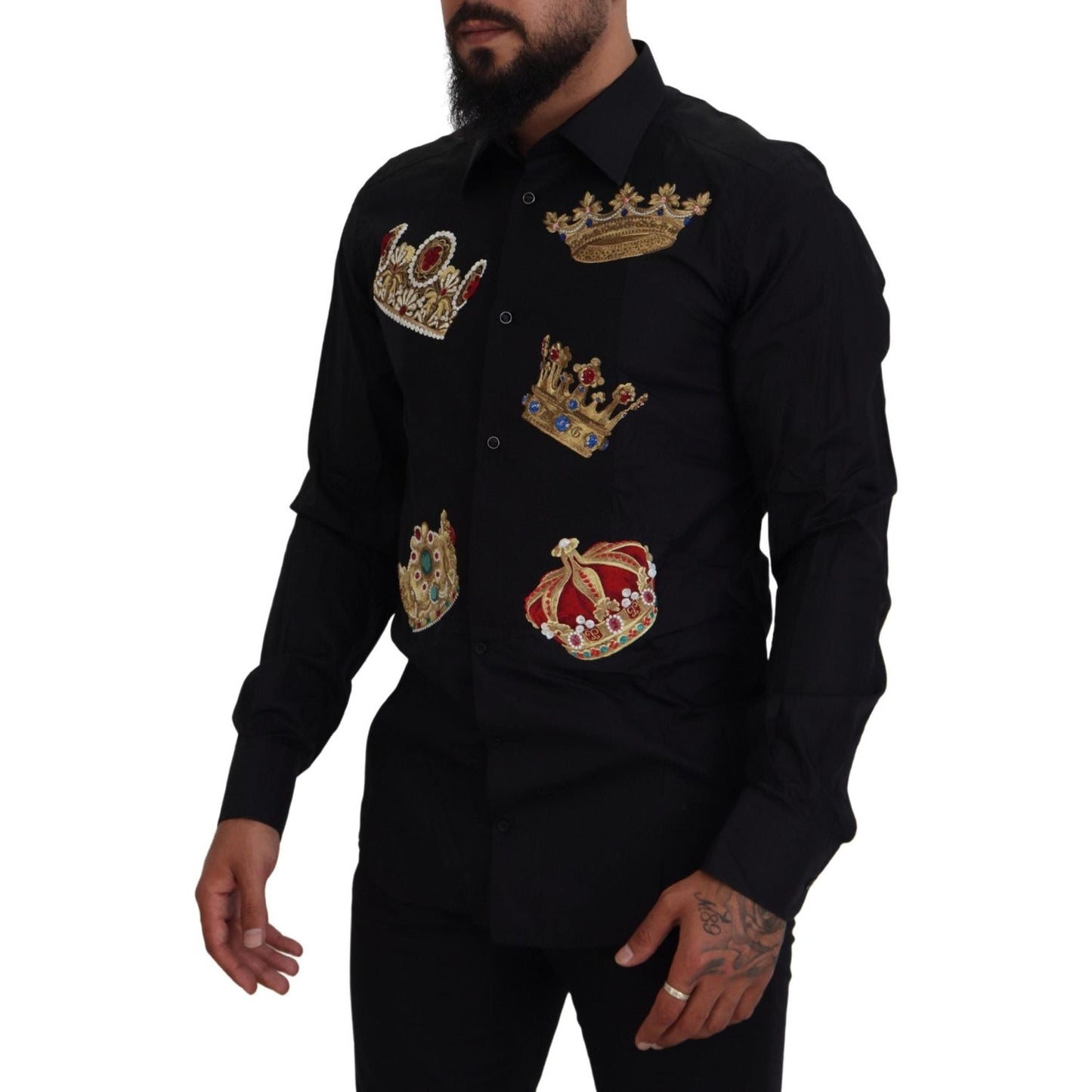 Dolce & Gabbana Elegant Black Slim Fit Dress Shirt with Crown Embroidery Dolce & Gabbana