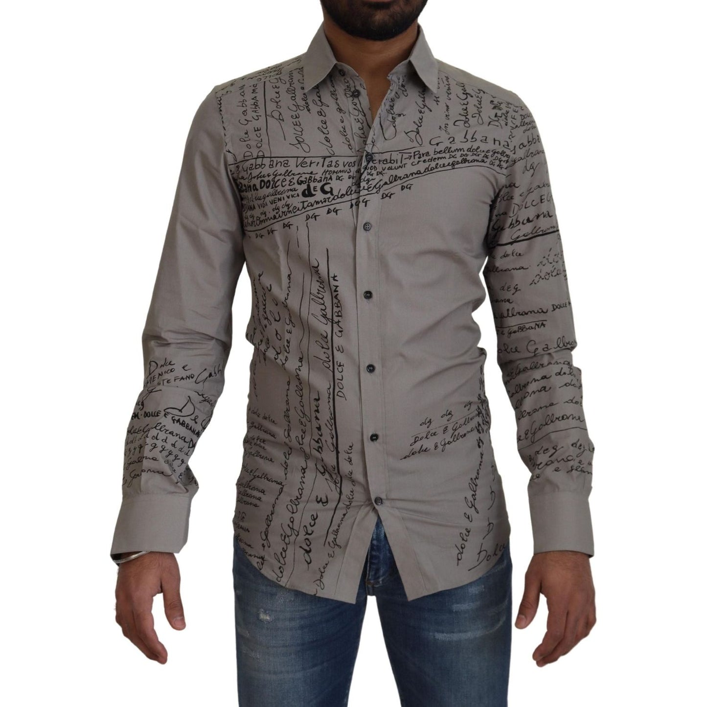 Dolce & Gabbana Gray Printed Cotton Slim Dress GOLD Shirt