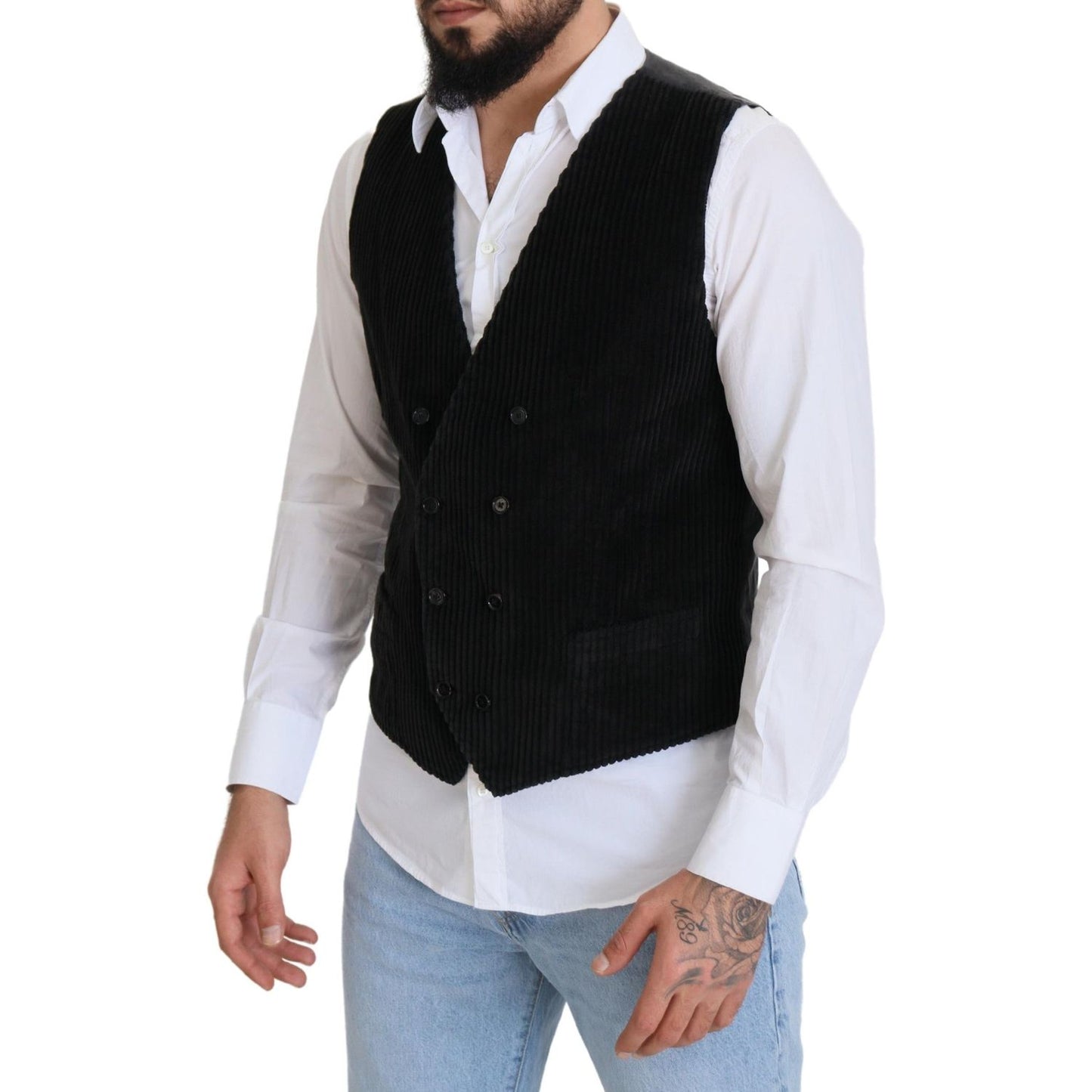 Dolce & Gabbana Black Cotton Double Breasted Waistcoat Vest