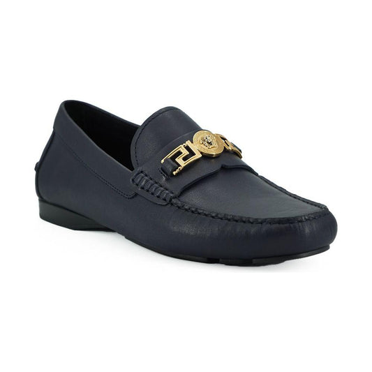 Versace Elegant Navy Blue Calf Leather Loafers Versace