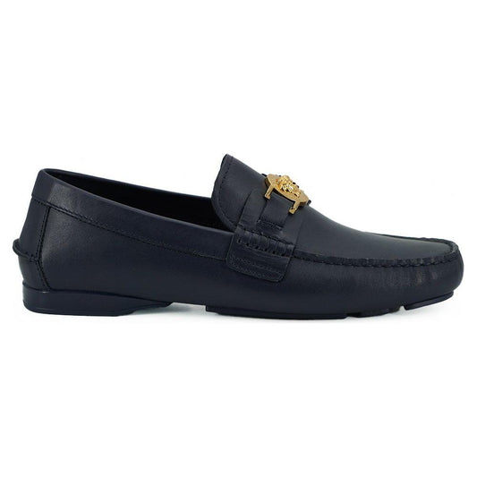 Versace Navy Blue Calf Leather Loafers Shoes