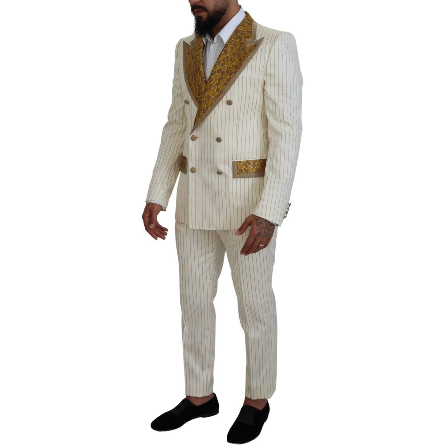 Dolce & Gabbana Off White Gold Striped Tuxedo Slim Fit Suit