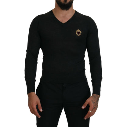 Dolce & Gabbana Gray Cashmere V-neck Gold Heart Sweater
