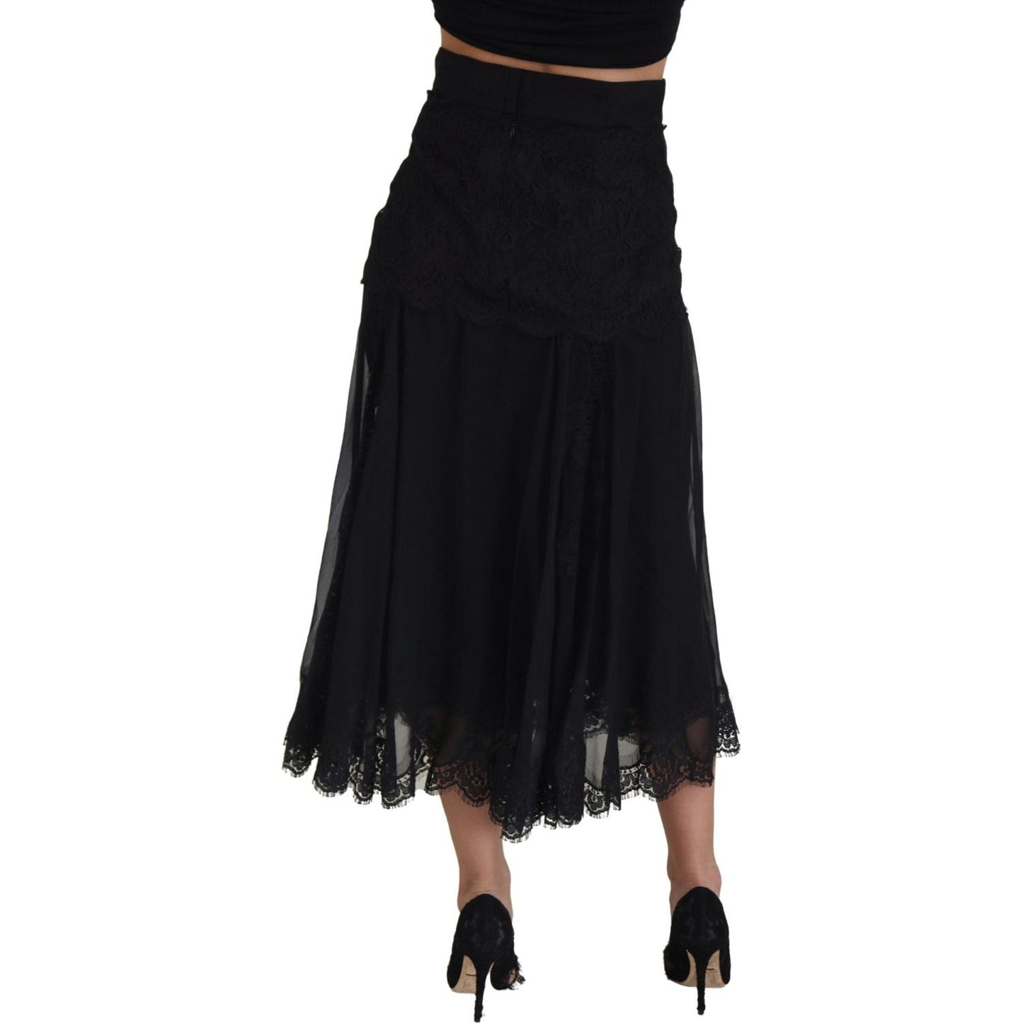 Dolce & Gabbana Black Silk Lace Trim High Waist Midi Skirt