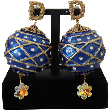 Dolce & Gabbana Gold Brass Blue Dangle Ball Crystal Clip On Earrings