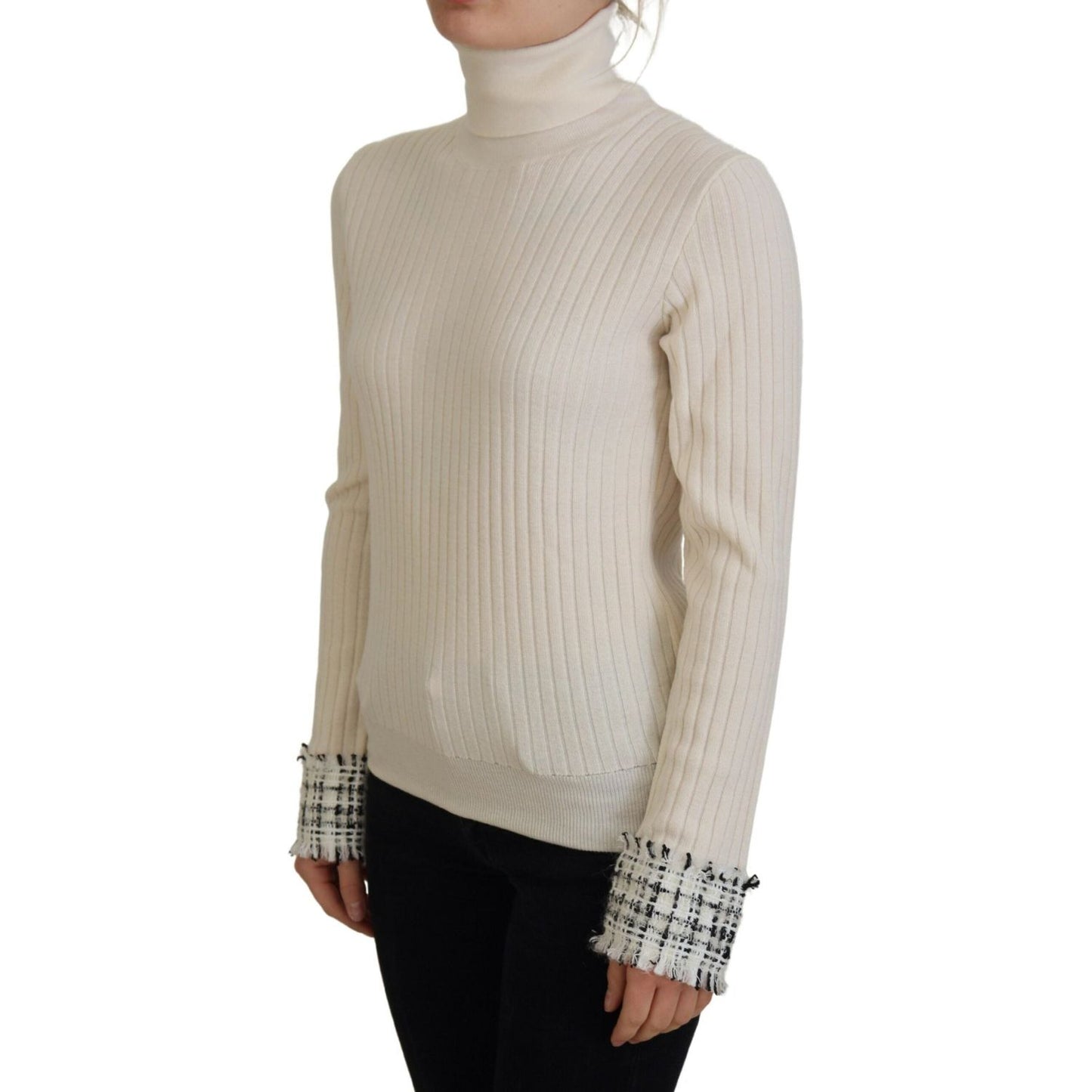 Dolce & Gabbana Ivory Turtleneck Distressed Cuff Pullover Sweater