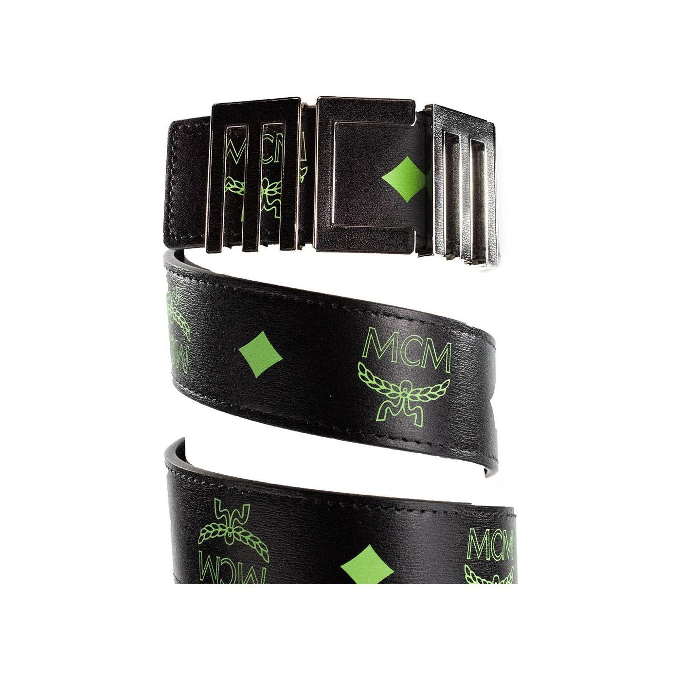 MCM Claus Mens Summer Green Smooth Visetos Logo Leather Numeric Buckle Belt MCM