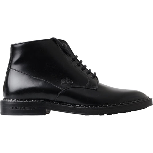 Dolce & Gabbana Black Leather Men Short Boots Lace Up Shoes