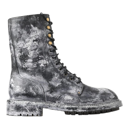 Dolce & Gabbana Black Gray Leather Mid Calf Boots Shoes