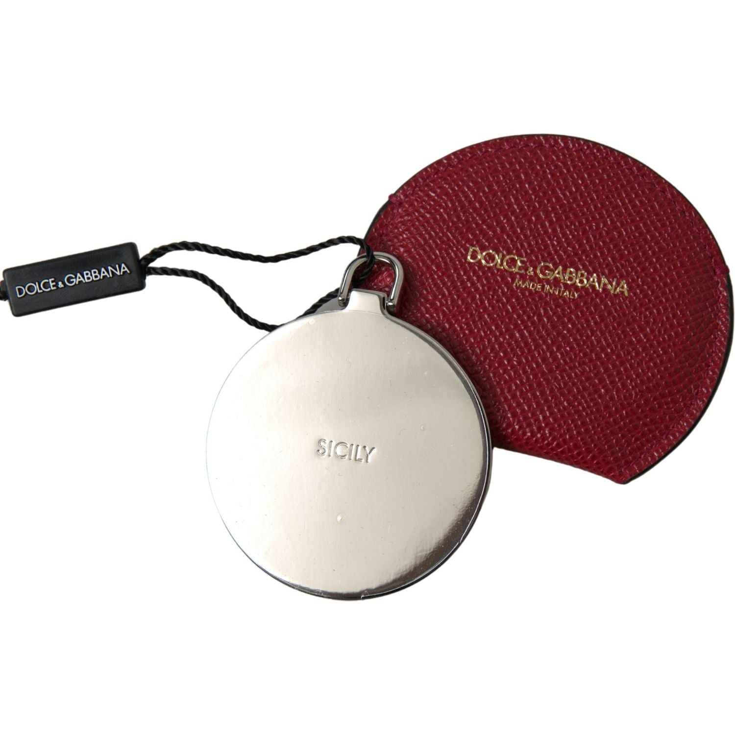 Dolce & Gabbana Red Calfskin Leather Round Hand Mirror Holder
