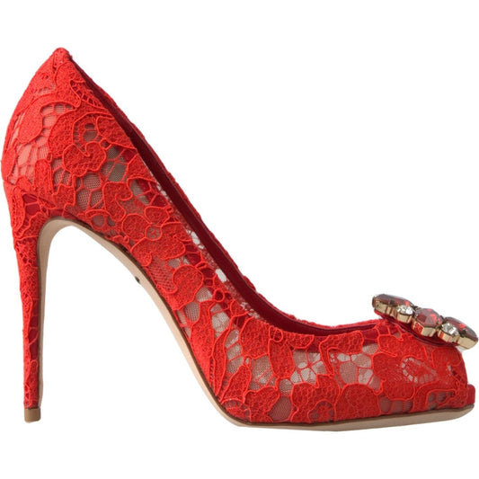 Dolce & Gabbana Chic Red Lace Heels with Crystal Embellishment Dolce & Gabbana