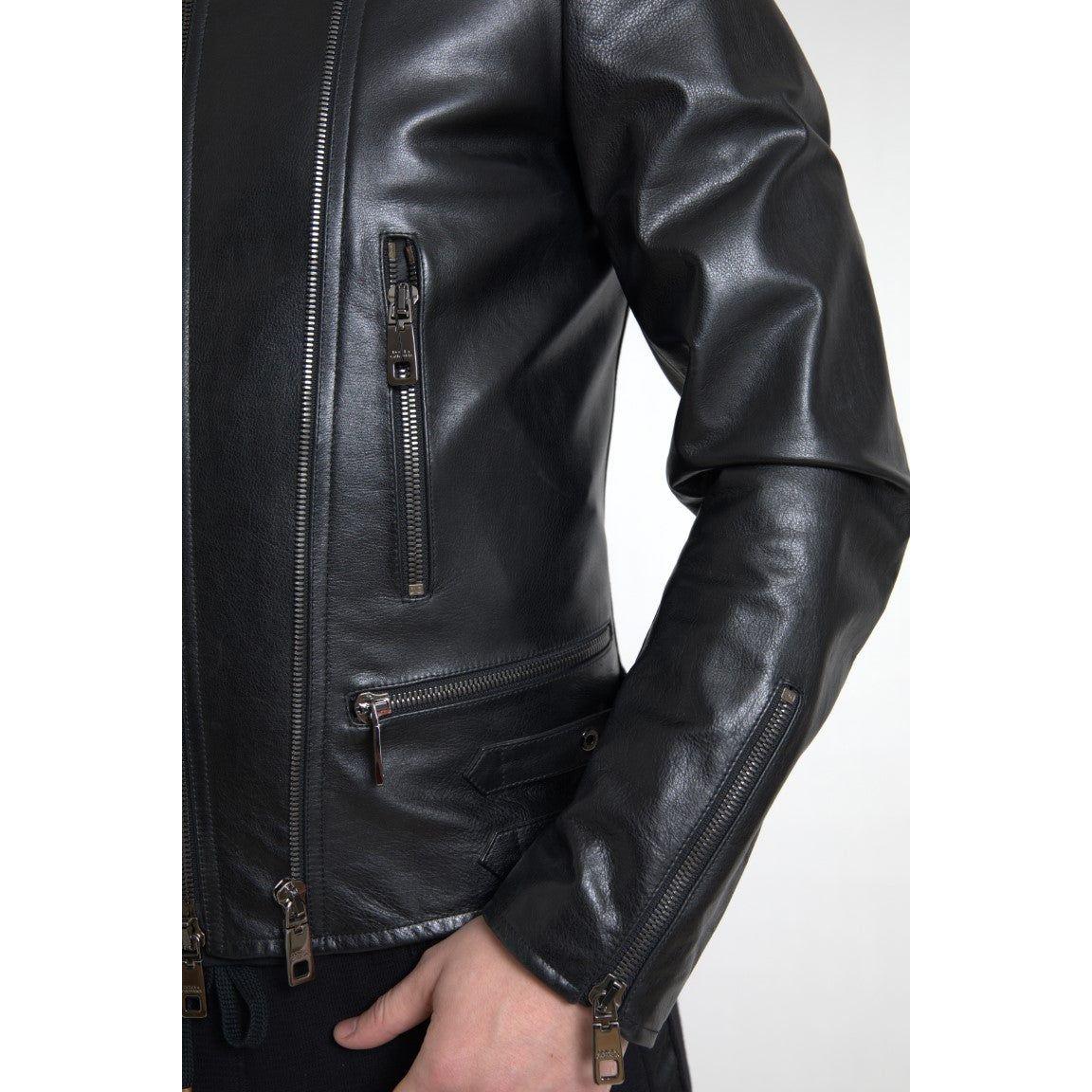 Dolce & Gabbana Black Leather Zipper Coat Men Jacket