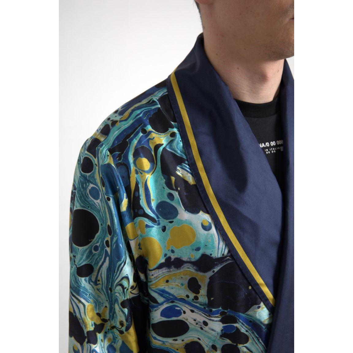 Dolce & Gabbana Marble Blue Silk Long Robe Luxury Sleepwear Dolce & Gabbana