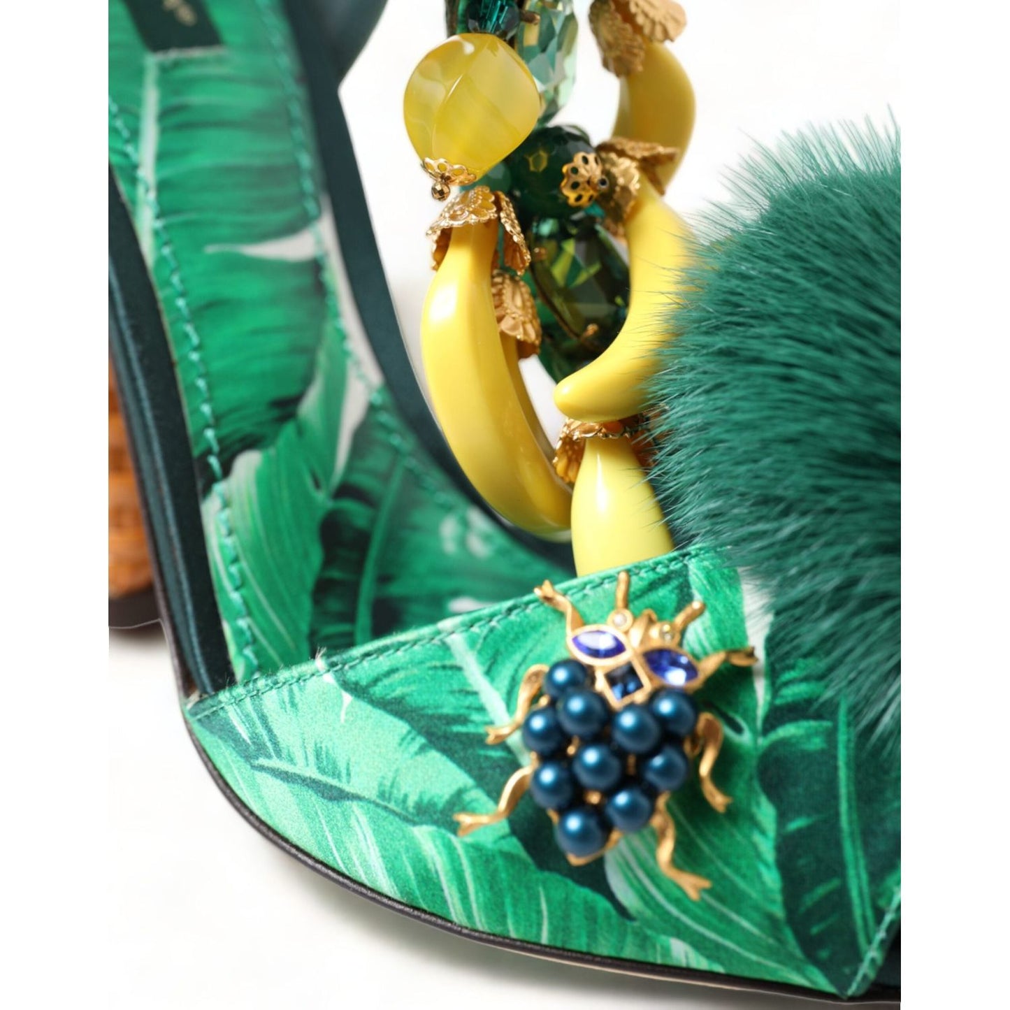 Dolce & Gabbana Green Crystal Mink Fur T-Strap Sandals Dolce & Gabbana