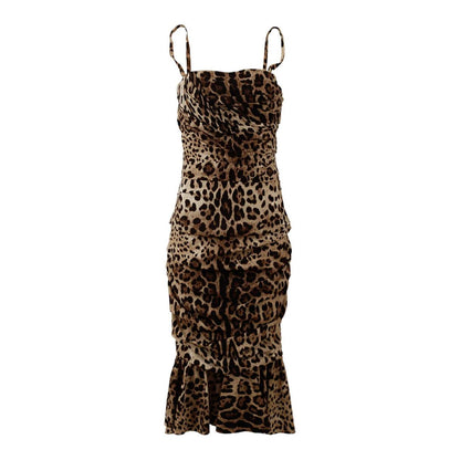 Dolce & Gabbana Brown Leopard Print Ruched Midi Dress