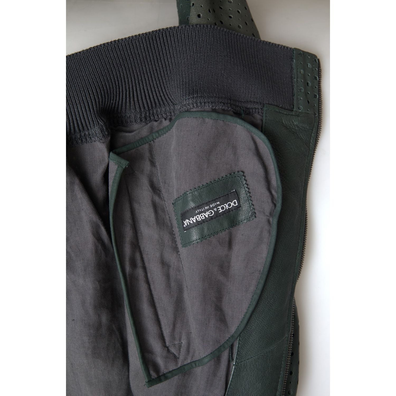 Dolce & Gabbana Green Perforated Leather Bomber Jacket