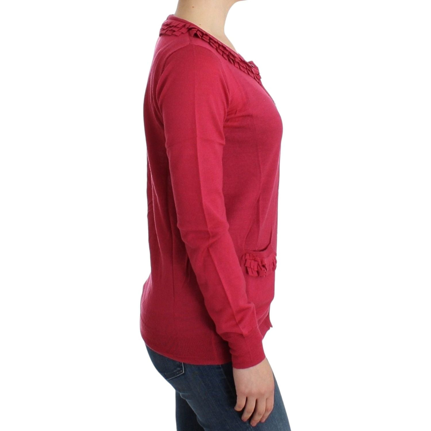 粉色荷叶边羊毛开衫