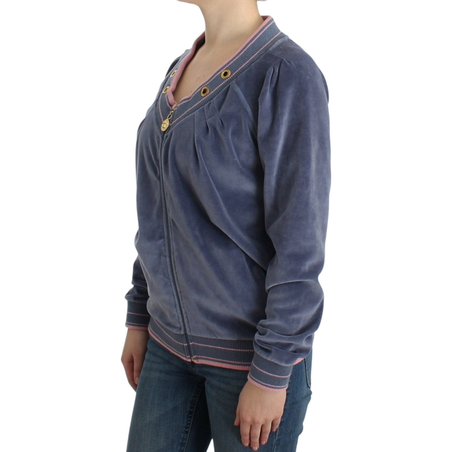 优雅蓝色拉链开衫，配金色细节