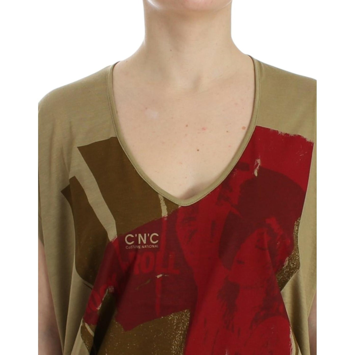 Costume National Chic Green Multicolor Print V-Neck Tee Costume National