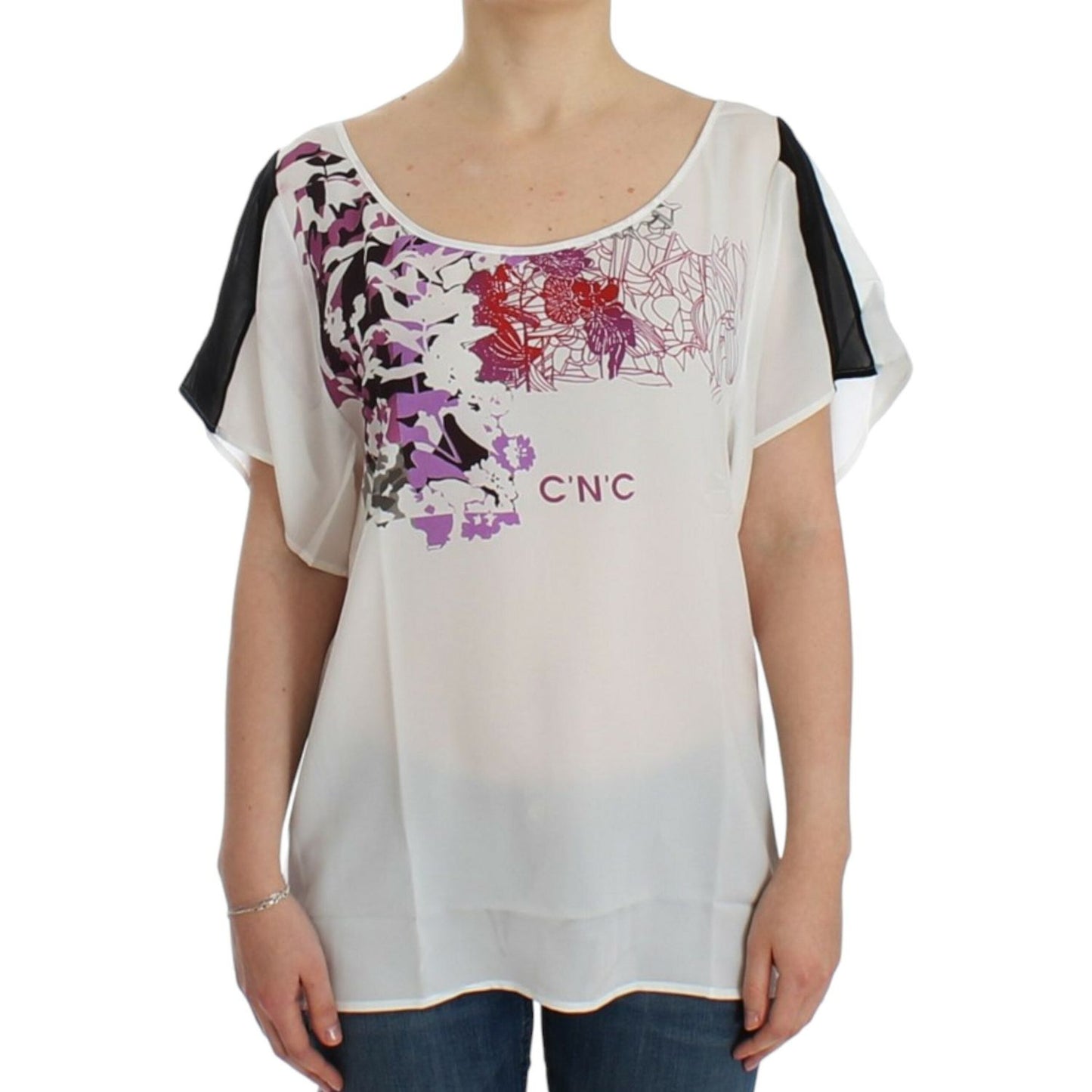 Costume National Chic White V-Neck Motive Print Tee Costume National