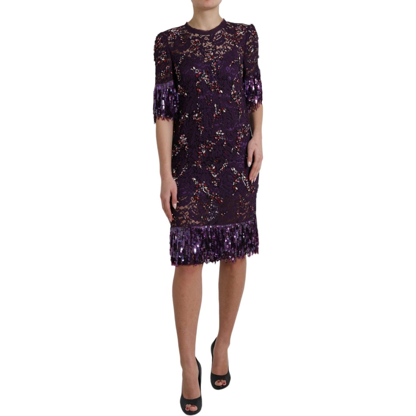 Dolce & Gabbana Elegant Purple Floral Lace Crystal Dress Dolce & Gabbana