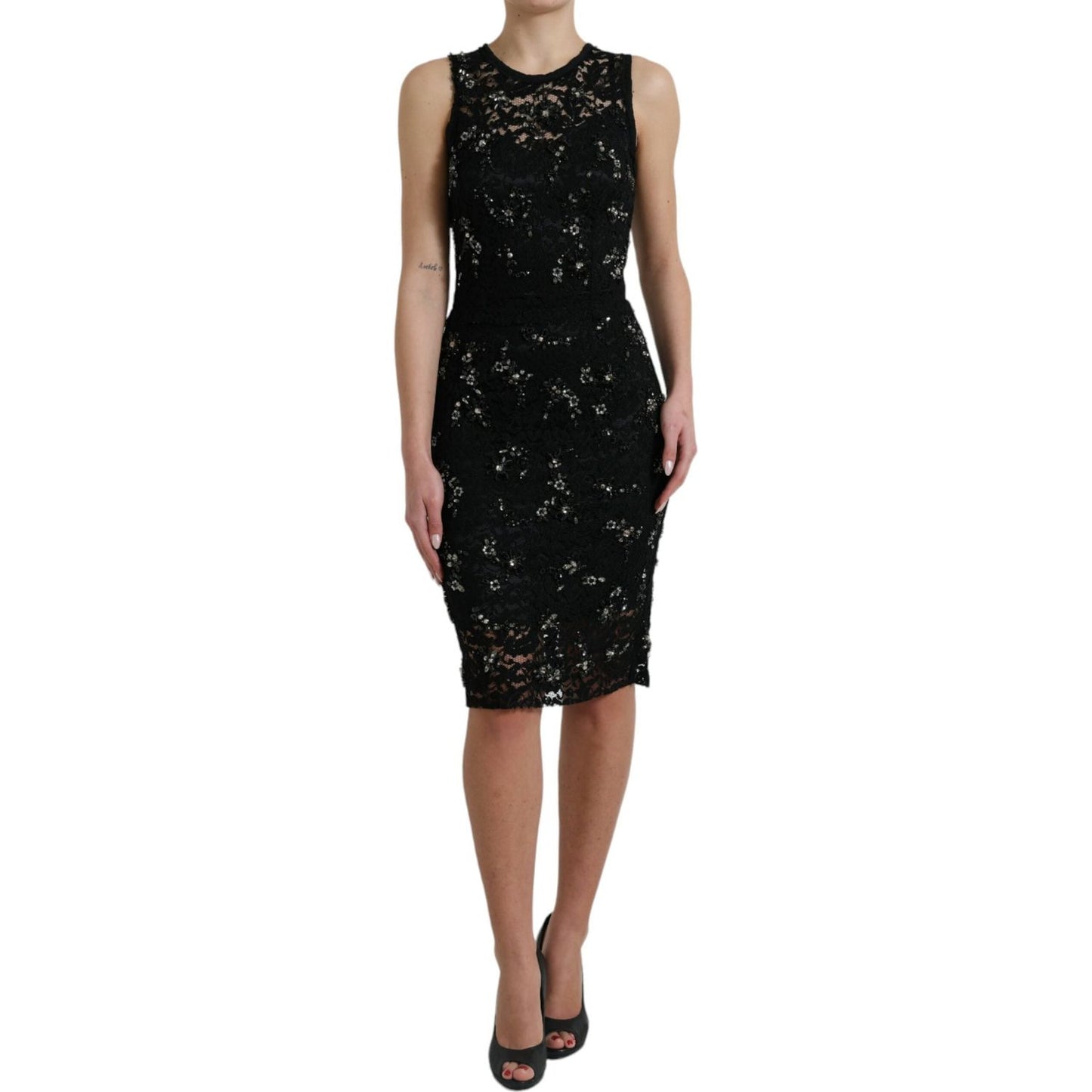 Dolce & Gabbana Exquisite Black Floral Lace Crystal Sheath Dress Dolce & Gabbana