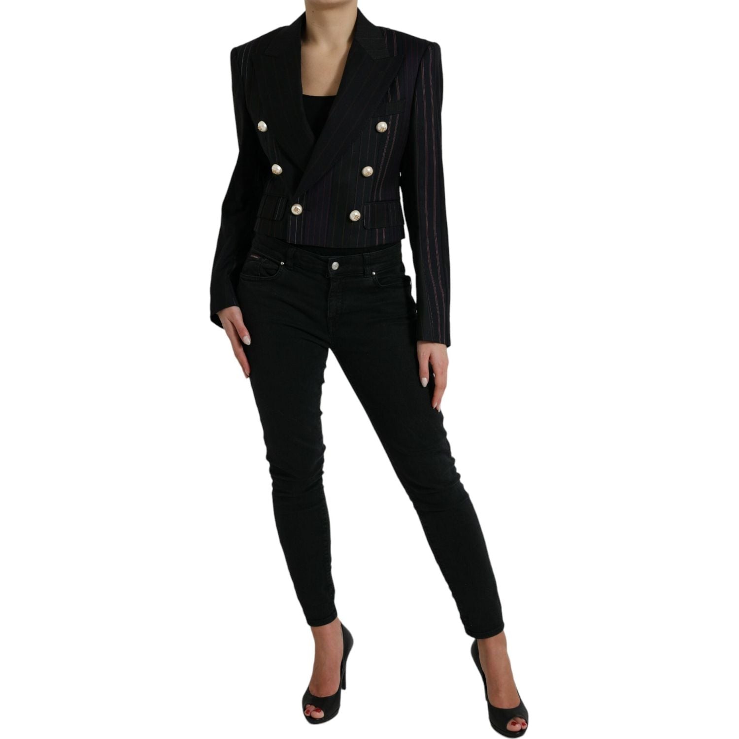 优雅条纹双排扣羊毛西装外套