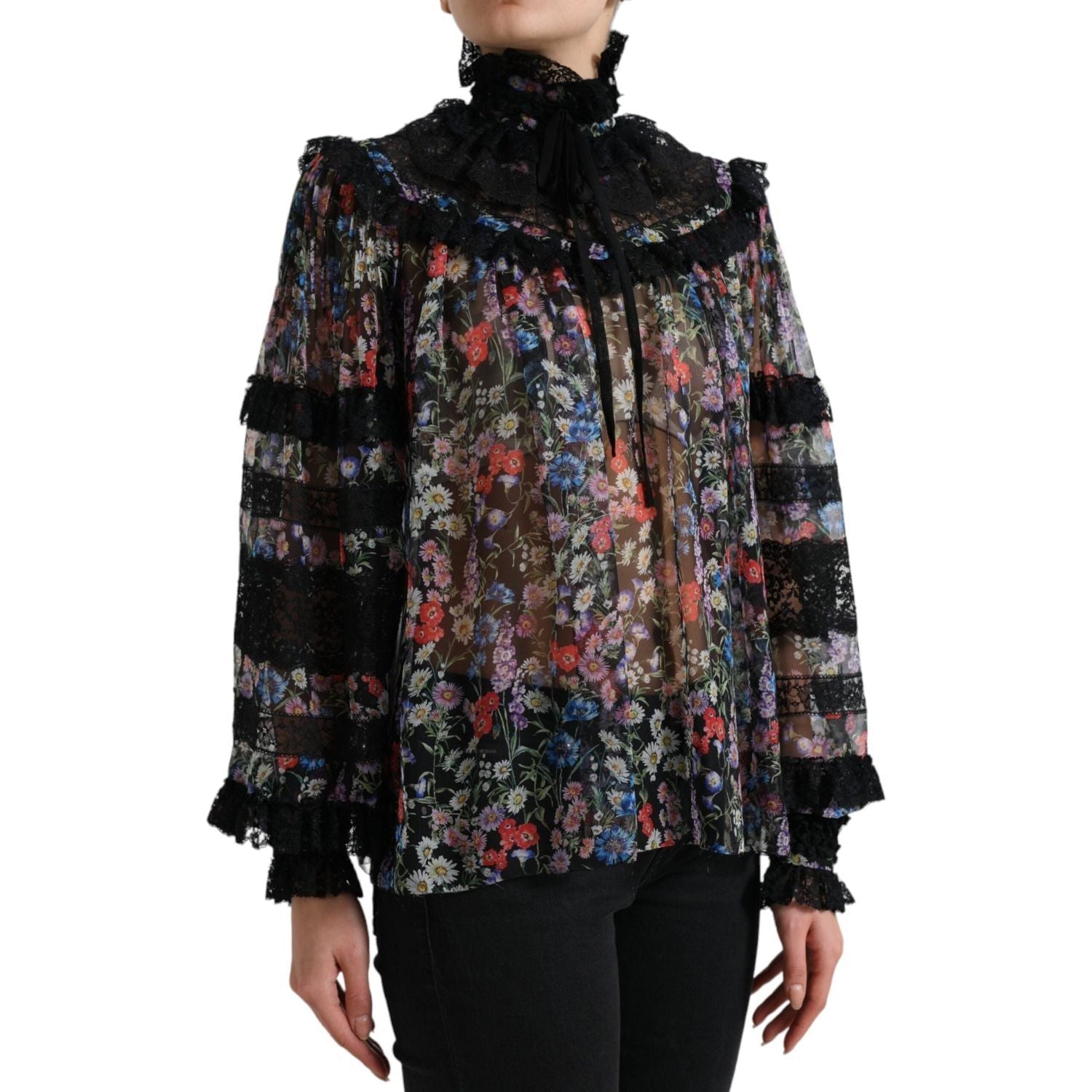 Dolce & Gabbana Black Floral Print Long Sleeves Blouse Top