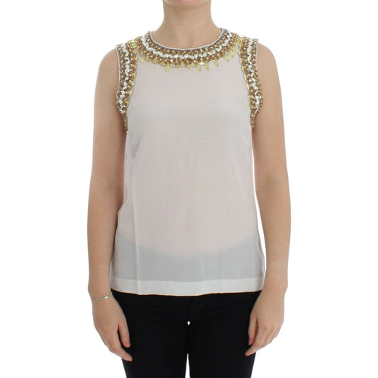 Dolce & Gabbana Elegant Sleeveless Silk Blouse with Crystal Embellishment Dolce & Gabbana