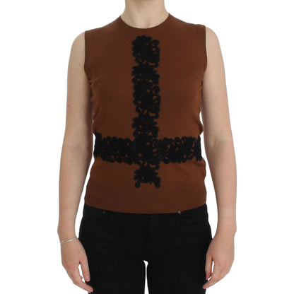 Dolce & Gabbana Brown Wool Black Lace Vest Sweater Top