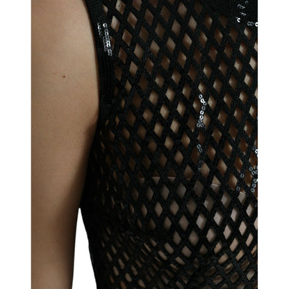 Dolce & Gabbana Black Sequined Sleeveless Mesh Layered Gown Dress
