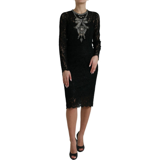 Dolce & Gabbana Black Lace Crystal Embellished Sheath Dress