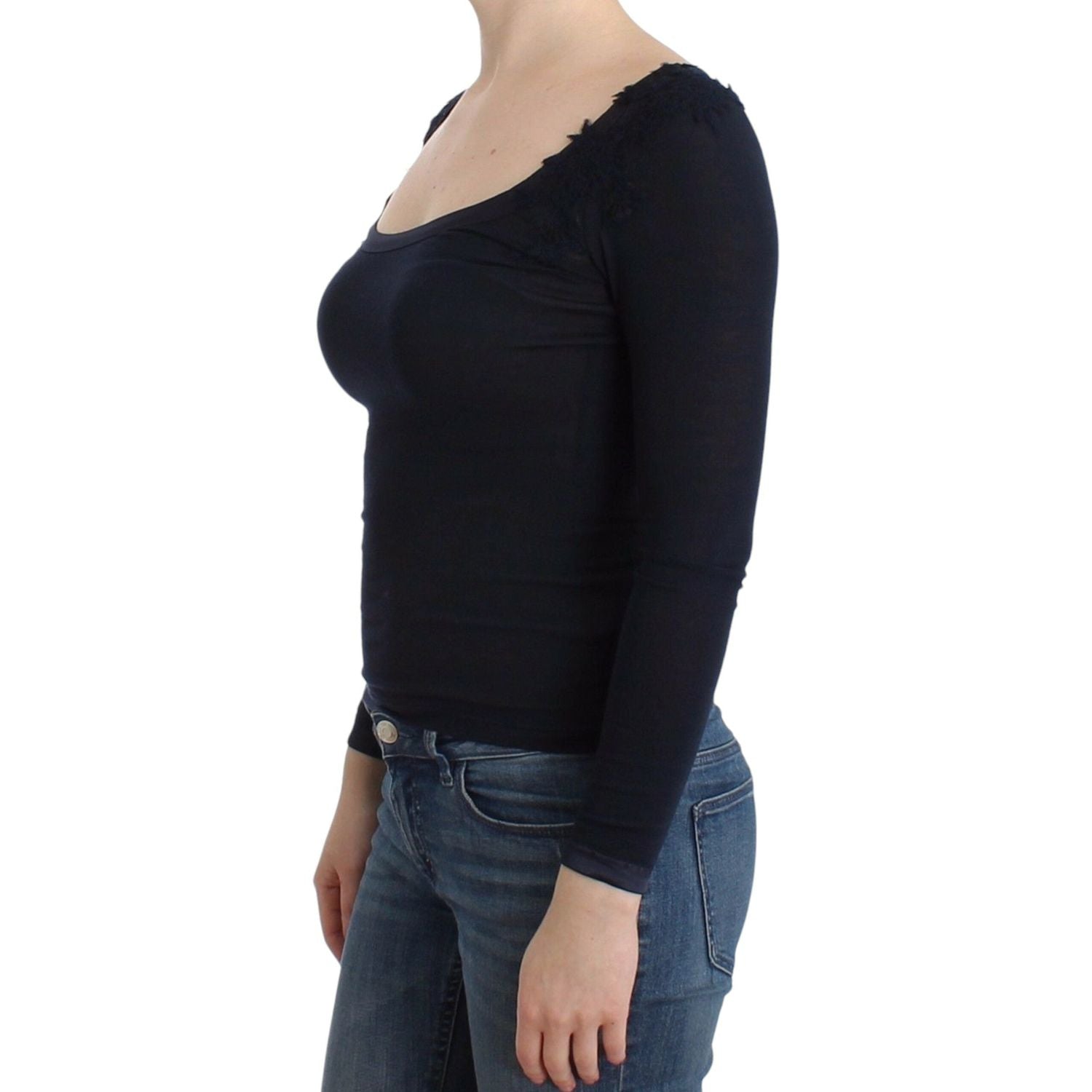 优雅蓝色长袖蕾丝上衣