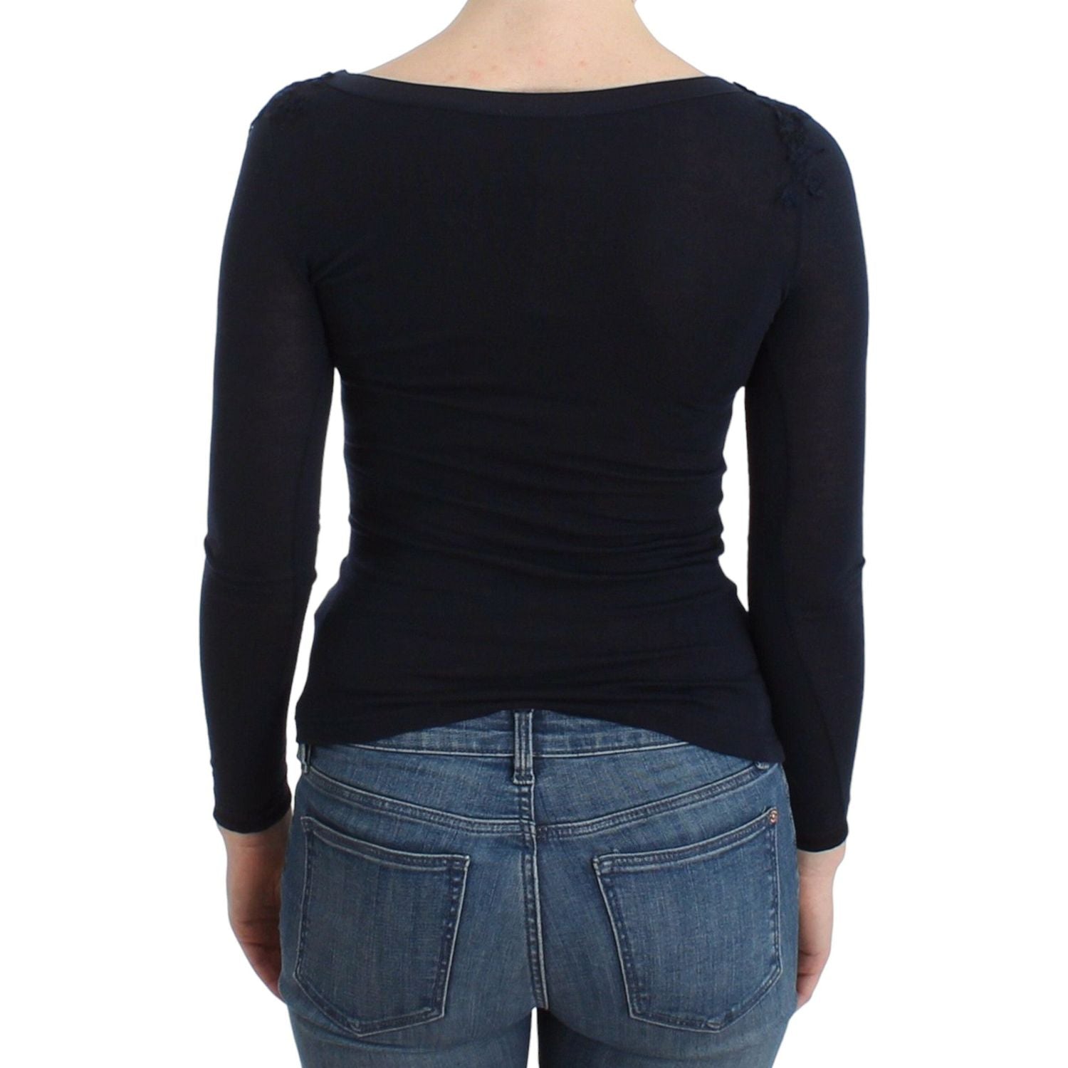 优雅蓝色长袖蕾丝上衣