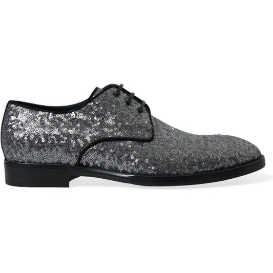 Dolce & Gabbana Silver Sequined Lace Up Men Derby Dress Shoes