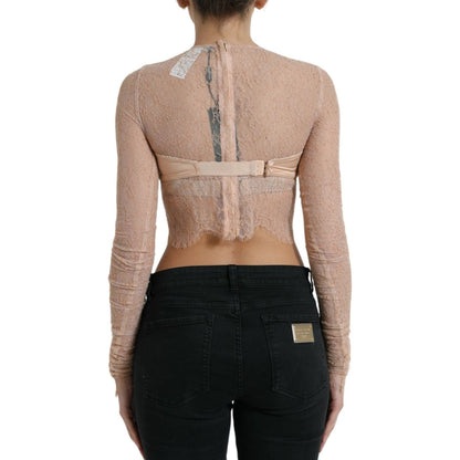 Dolce & Gabbana Beige Nylon Floral Lace Bustier Cropped Top