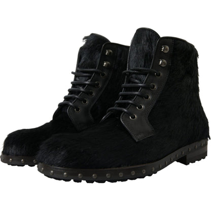 Dolce & Gabbana Black Pony Style Leather Mid Calf Boots Shoes