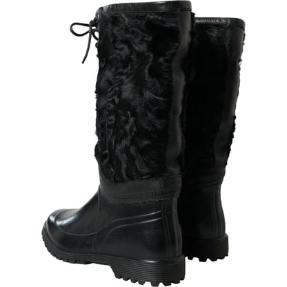 Dolce & Gabbana Black Rubber Lace Up Shearling Rain Boots Shoes